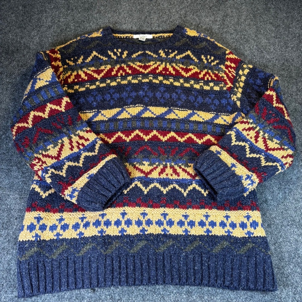 Turnbury Sweater Mens 50 Blue Silk Wool Blend Fair Isle Knit Crewneck Geometric